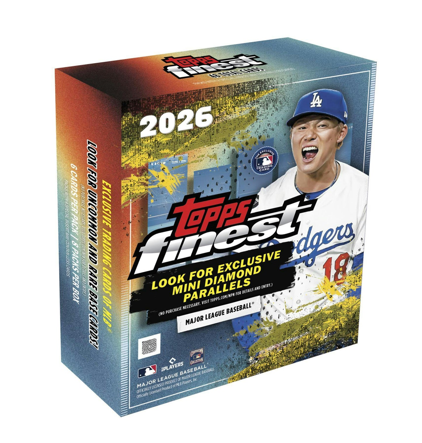 2026 Topps Finest Baseball Mega Box sealed trading card box featuring exclusive Mini Diamond parallels.
Back of the 2026 Topps Finest Baseball Mega Box showing product details and box configuration.
2026 Topps Finest Baseball Mega Box trading card pack artwork.
2026 Topps Finest Baseball promotional sell sheet highlighting autographs, case hits, and SuperFractor parallels.