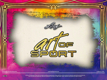 2026 Leaf Art of Sport Hobby Box featuring four premium hits, game-used memorabilia, and autograph cards.
Back of the 2026 Leaf Art of Sport Hobby Box showing product details and box configuration.
2026 Leaf Art of Sport premium hobby box packaging featuring multi-sport trading cards.
2026 Leaf Art of Sport promotional sell sheet highlighting Triptych Autographs, Canvas Combos Memorabilia Cards, Arts & Graphs Autograph Patch Cards, and premium booklet cards.