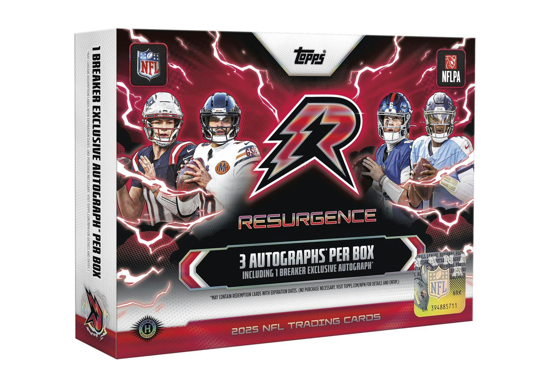 2025 Topps Resurgence Football Delight Box featuring two autographs and one rookie autograph relic card.
Back of the 2025 Topps Resurgence Football Delight Box showing product details and exclusive Static parallels.
2025 Topps Resurgence Football Delight cards featuring colorful chrome designs, rookie autographs, and relic signatures.
2025 Topps Resurgence Football sell sheet highlighting Neon Initiates, Thermal Red Ink Autographs, case hits, and Delight-exclusive parallels.