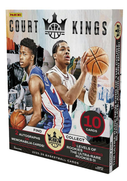 2025/26 Panini Court Kings Basketball Hobby Box featuring two autographs or memorabilia cards and premium NBA rookie content.
Back of the 2025/26 Panini Court Kings Basketball Hobby Box showing product details and box configuration.
2025/26 Panini Court Kings Basketball hobby pack featuring artistic NBA trading card designs.
2025/26 Panini Court Kings Basketball promotional sell sheet highlighting Blank Slate SSPs, Aurora inserts, Next Day Autographs, and premium memorabilia cards.