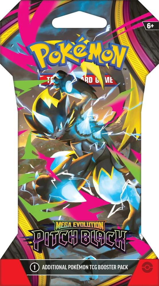 Pokémon TCG Mega Evolution Pitch Black Sleeved Booster Pack featuring Mega Darkrai ex artwork.
Back of the Pokémon TCG Mega Evolution Pitch Black Sleeved Booster Pack showing product information.
Pokémon TCG Mega Evolution Pitch Black booster pack containing 10 random cards.
Pokémon TCG Mega Evolution Pitch Black expansion pack artwork featuring Mega Evolution Pokémon.