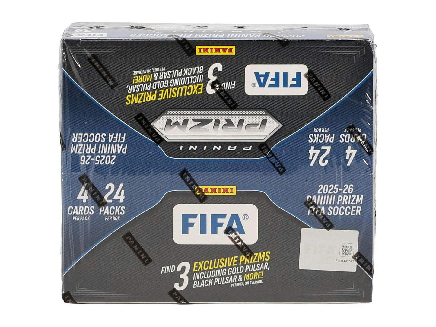 2025/26 Panini Prizm FIFA Soccer 24-Pack Retail Box featuring Silver Prizms, Pulsar parallels, and international club stars.
Back of the 2025/26 Panini Prizm FIFA Soccer Retail Box showing product details and box configuration.
2025/26 Panini Prizm FIFA Soccer retail pack featuring global club players, inserts, and Prizm parallels.
2025/26 Panini Prizm FIFA Soccer cards featuring Color Blast, Sublime, Sensational Signatures, and numbered Pulsars.