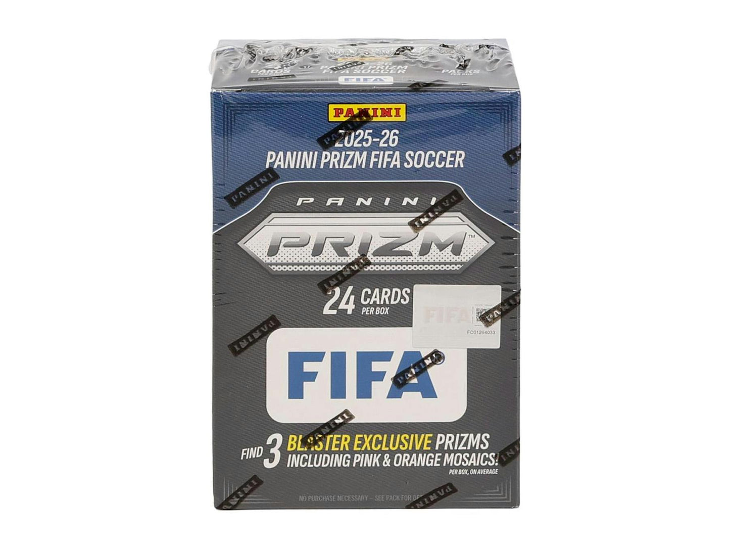 2025/26 Panini Prizm FIFA Soccer Blaster Box featuring exclusive Pink and Orange Mosaic parallels.
Back of the 2025/26 Panini Prizm FIFA Soccer Blaster Box showing product information and box configuration.
2025/26 Panini Prizm FIFA Soccer booster pack with players from top clubs around the world.
2025/26 Panini Prizm FIFA Soccer Mosaic parallels including Pink, Orange, Blue, and Color Blast inserts.