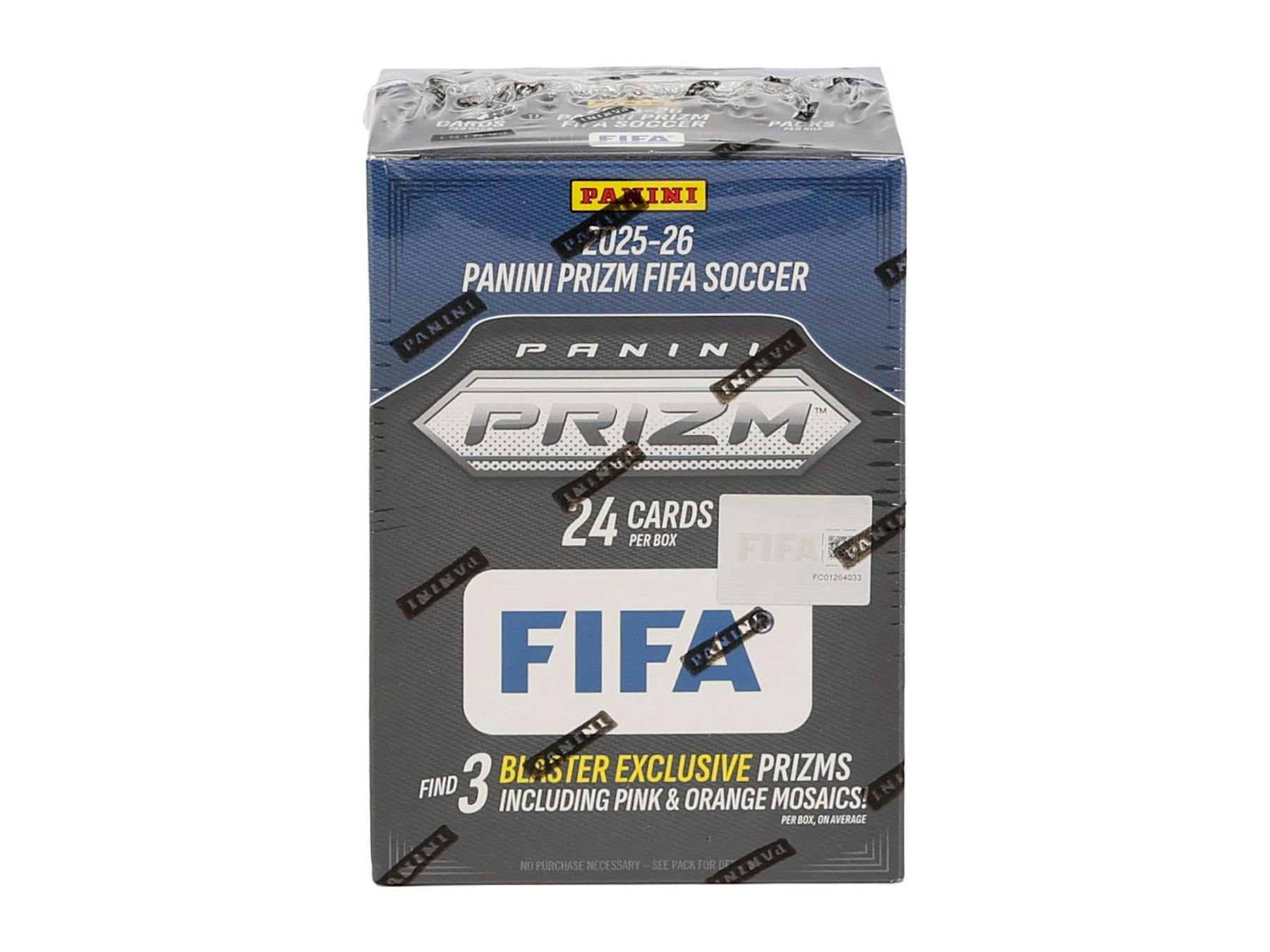 2025/26 Panini Prizm FIFA Soccer Blaster Box featuring exclusive Pink and Orange Mosaic parallels.
Back of the 2025/26 Panini Prizm FIFA Soccer Blaster Box showing product information and box configuration.
2025/26 Panini Prizm FIFA Soccer booster pack with players from top clubs around the world.
2025/26 Panini Prizm FIFA Soccer Mosaic parallels including Pink, Orange, Blue, and Color Blast inserts.