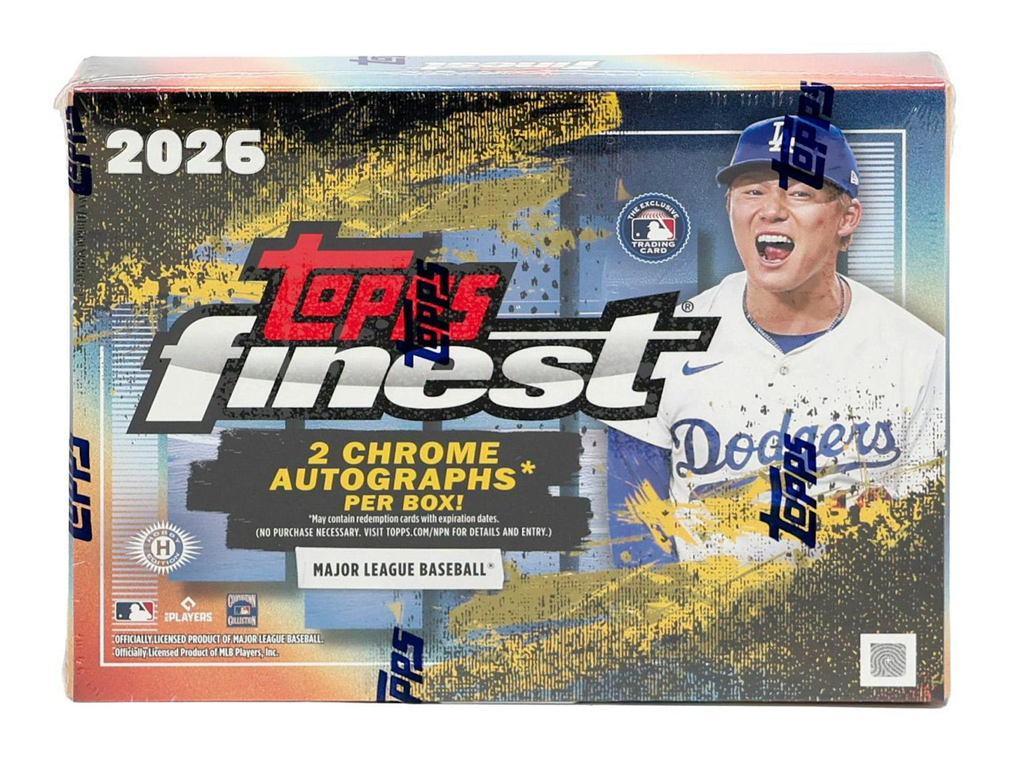 2026 Topps Finest Baseball Delight Box featuring two autographs and exclusive Geometric parallels.
Back of the 2026 Topps Finest Baseball Delight Box showing product details and exclusive Delight content.
2026 Topps Finest Baseball Delight pack featuring premium chromium cards, rookie autographs, and exclusive inserts.
2026 Topps Finest Baseball promotional sell sheet highlighting Finest Rookie Patch Autographs, Headliners, Nightmare Fuel, Aura, and Geometric parallels.