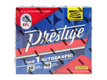 2025/26 Panini Prestige EFL Soccer Hobby Preferred Box featuring one autograph, Xtra Time parallels, and players from all 72 EFL clubs.
Back of the 2025/26 Panini Prestige EFL Soccer Hobby Preferred Box showing product details and pack configuration.
Packs from the 2025/26 Panini Prestige EFL Soccer Hobby Preferred Box featuring English Football League trading cards.
2025/26 Panini Prestige EFL Soccer Xtra Time Galaxy, Sunburst, Gold, Green, and Black parallel trading cards.