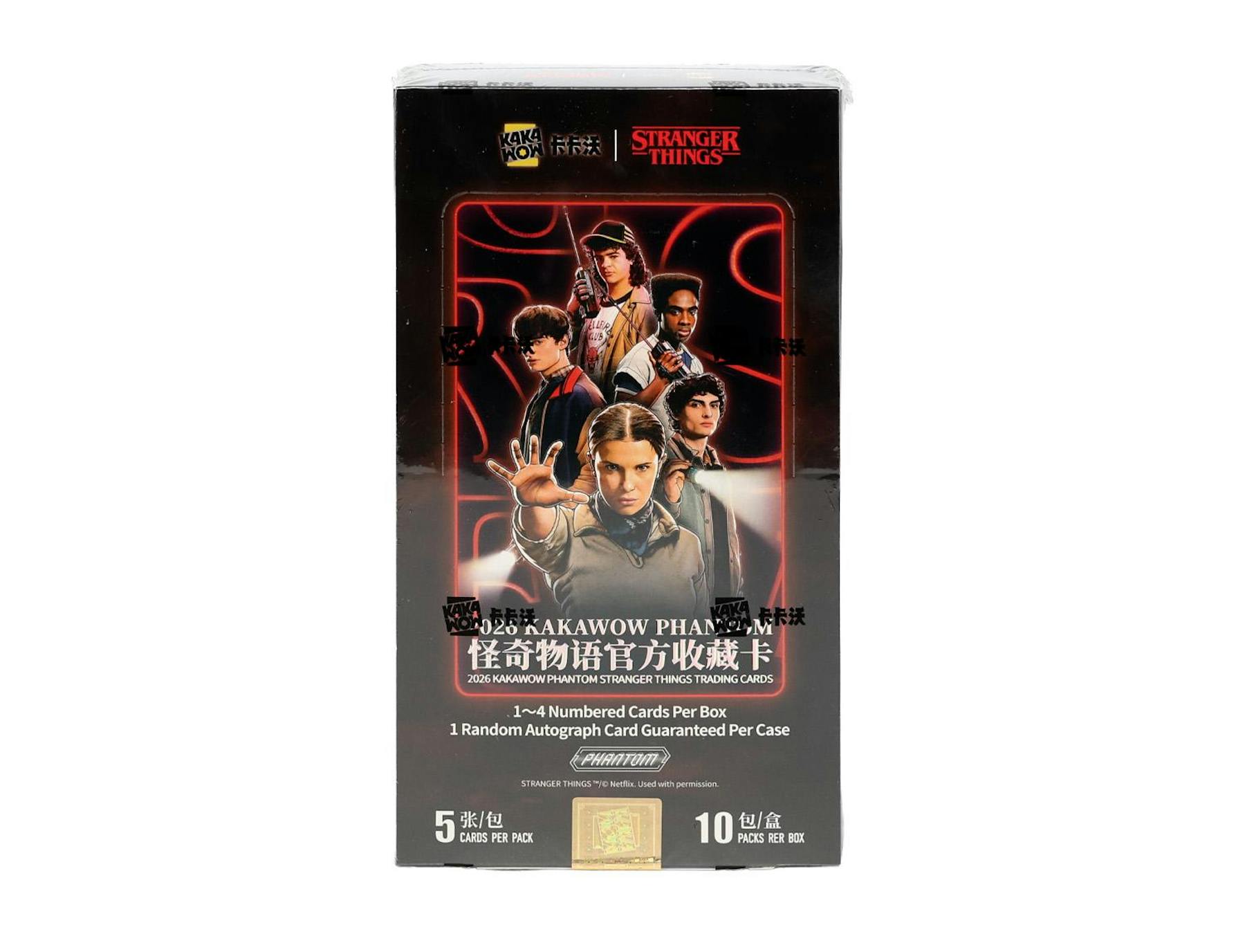 2026 Kakawow Phantom Stranger Things Hobby Box featuring limited cards, autographs, and rare serialized chases.
Back of the 2026 Kakawow Phantom Stranger Things Hobby Box showing product details and box configuration.
2026 Kakawow Phantom Stranger Things hobby pack featuring characters and scenes from Hawkins and the Upside Down.
2026 Kakawow Phantom Stranger Things chase cards including Ultimashining, Black, Gold, autograph, and numbered cards.