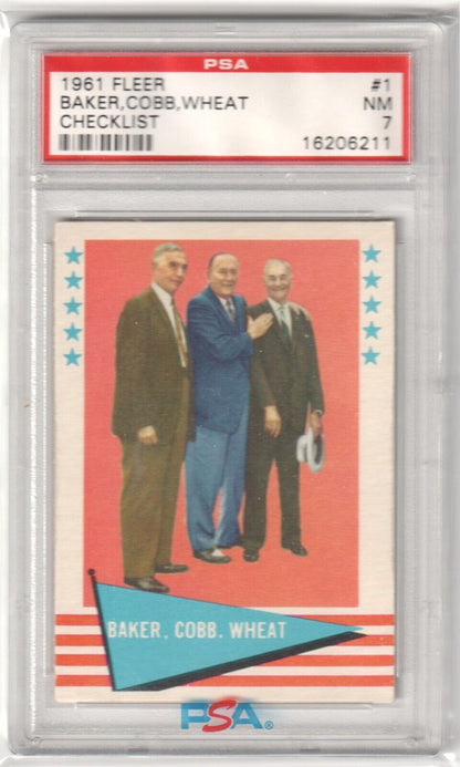 BAKER TY COBB WHEAT 1961 Fleer Baseball Greats Checklist #1 Graded PSA 7 NM - Columbia Hobby - Sports Card Boxes - Toploaders - Card Savers