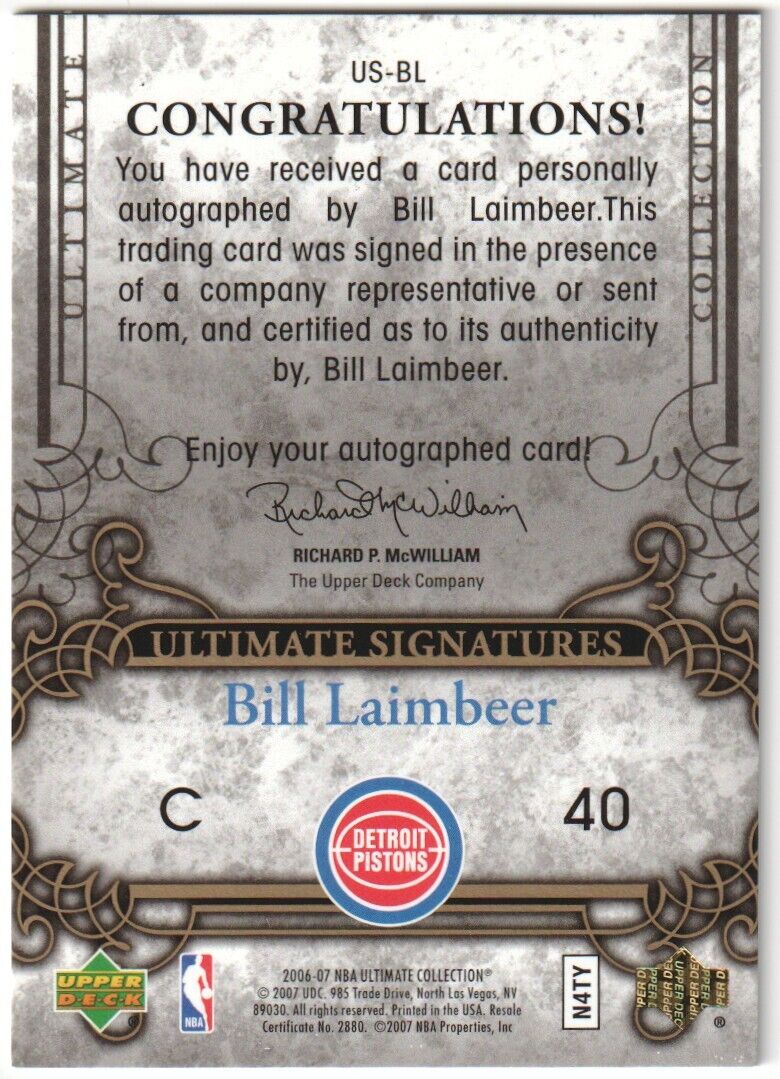 BILL LAIMBEER 2006 - 07 Upper Deck Ultimate Collection Autograph Auto - PISTONS - Columbia Hobby - Sports Card Boxes - Toploaders - Card Savers