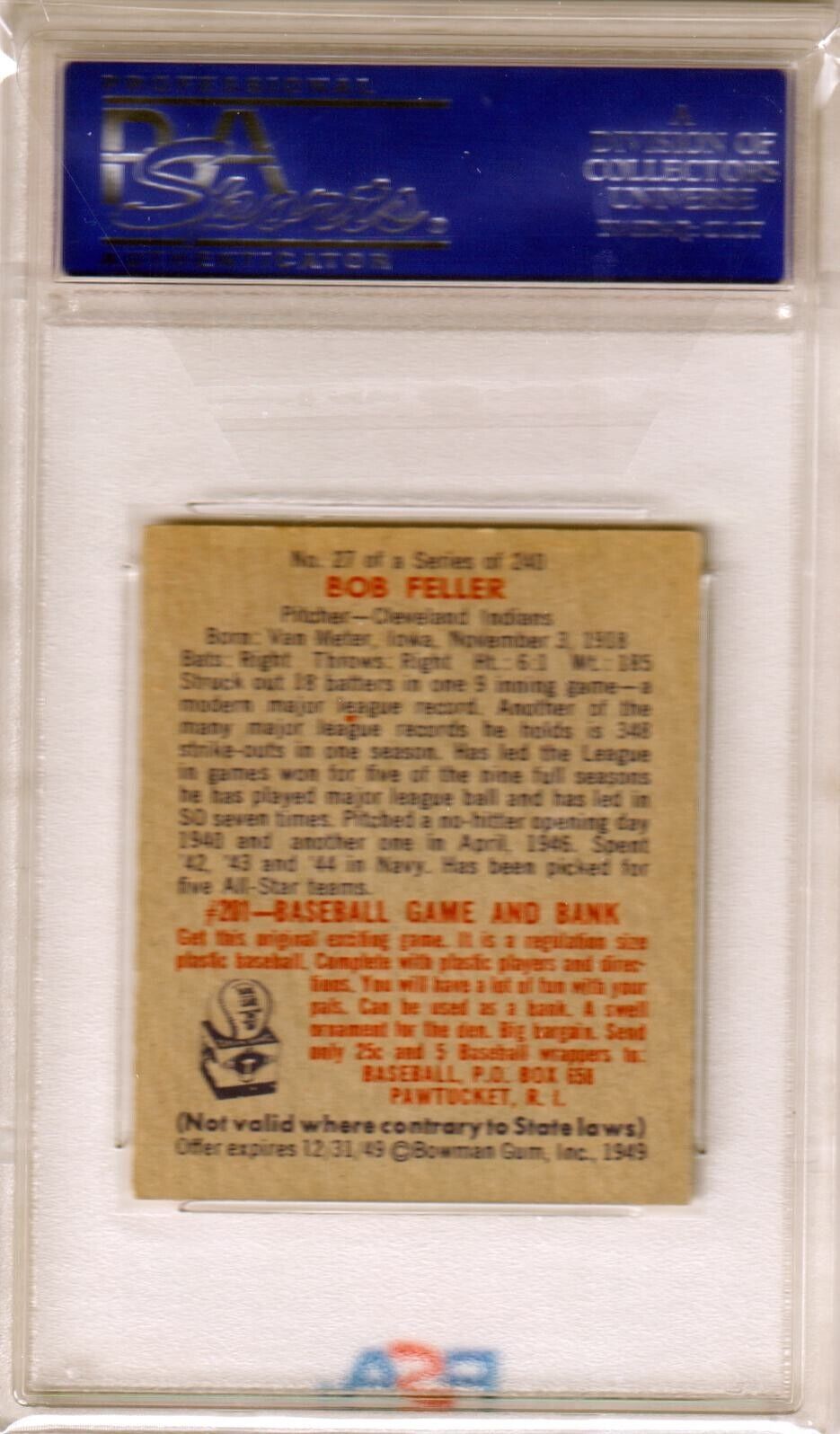 BOB FELLER 1949 Bowman #27 PSA 6 EX - MT - INDIANS - Columbia Hobby - Sports Card Boxes - Toploaders - Card Savers