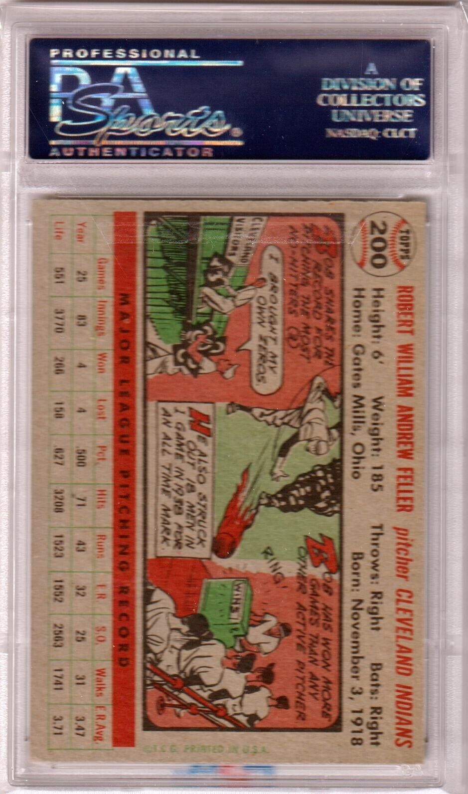BOB FELLER 1956 Topps #200 PSA 7 NM - INDIANS - Columbia Hobby - Sports Card Boxes - Toploaders - Card Savers