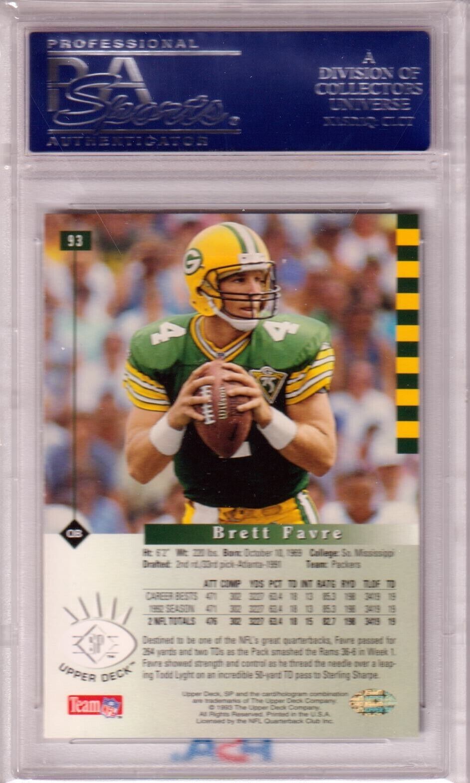 BRETT FAVRE 1993 Upper Deck SP #93 PSA 10 - PACKERS - Columbia Hobby - Sports Card Boxes - Toploaders - Card Savers