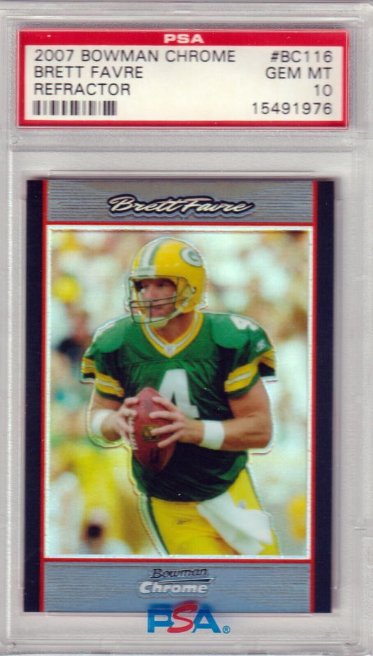 BRETT FAVRE 2007 Bowman Chrome Refractor #BC116 PSA 10 GEM MINT - PACKERS - Columbia Hobby - Sports Card Boxes - Toploaders - Card Savers