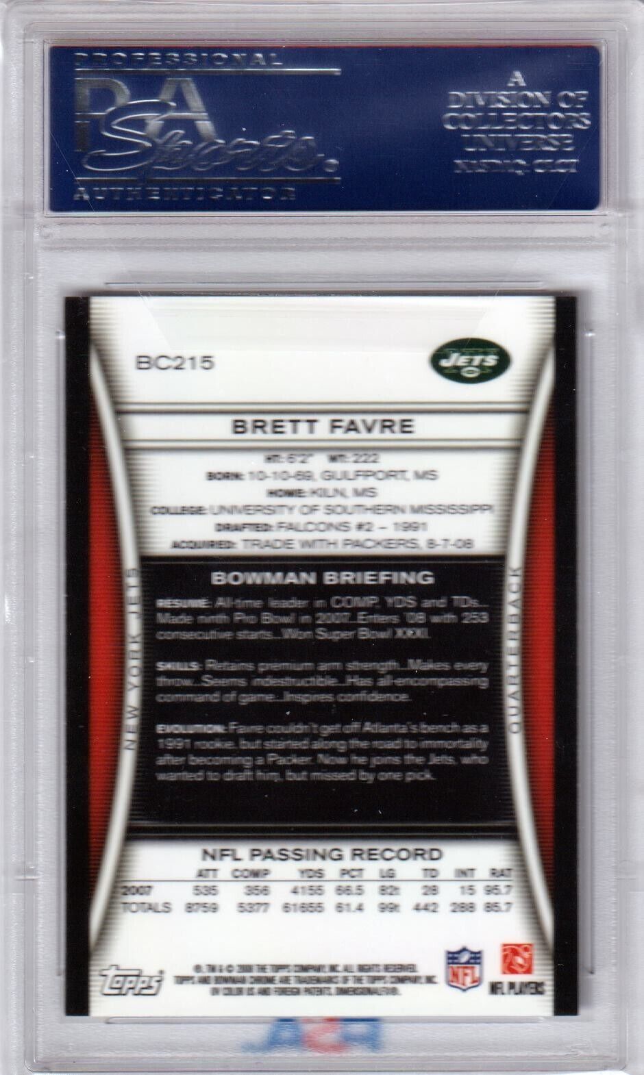 BRETT FAVRE 2008 Bowman Chrome #BC215 PSA 10 GEM MINT - JETS - Columbia Hobby - Sports Card Boxes - Toploaders - Card Savers
