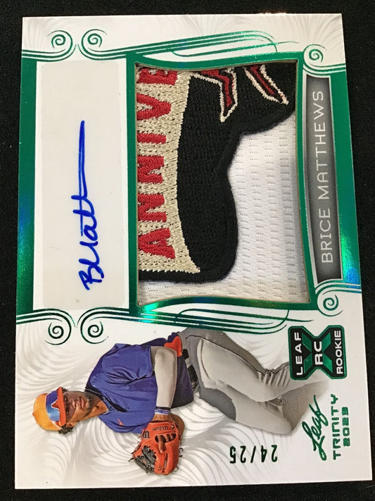 Brice Matthews 2023 Leaf Trinity CA - BM2 Green RC Patch Auto /25 SSP Phillies - Columbia Hobby - Sports Card Boxes - Toploaders - Card Savers