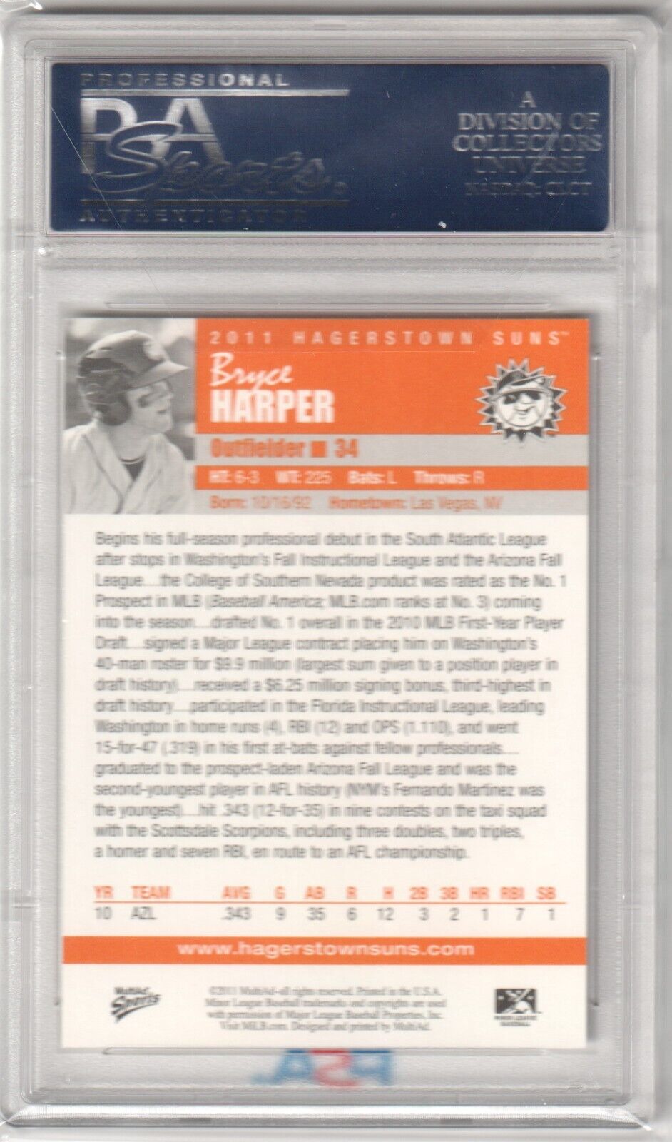 BRYCE HARPER 2011 Multi - Ad Hagerstown Suns RC PSA 10 GEM MINT - PHILLIES Bat - Columbia Hobby - Sports Card Boxes - Toploaders - Card Savers