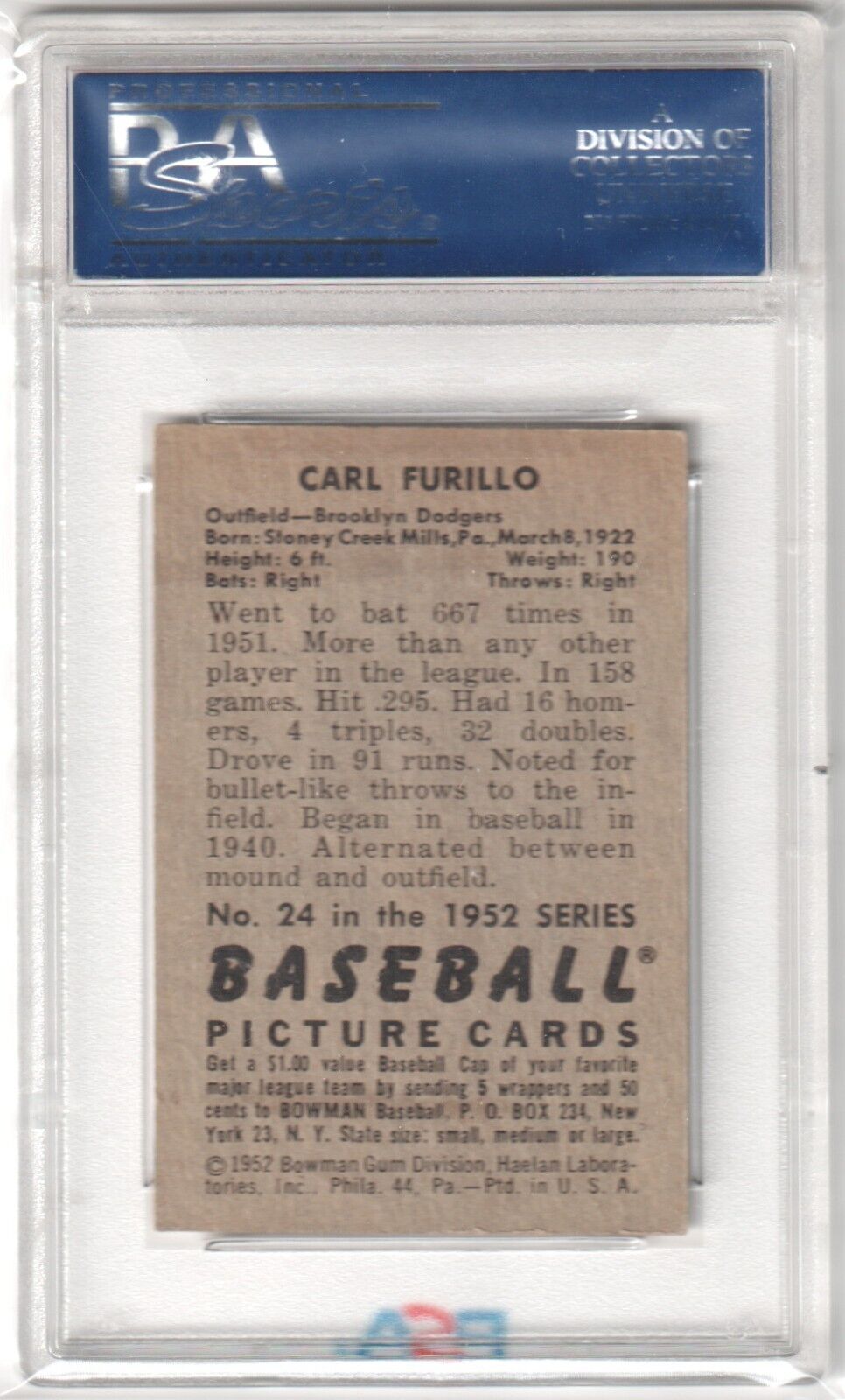 CARL FURILLO 1952 Bowman #24 PSA 5.5 EX+ - DODGERS - Columbia Hobby - Sports Card Boxes - Toploaders - Card Savers
