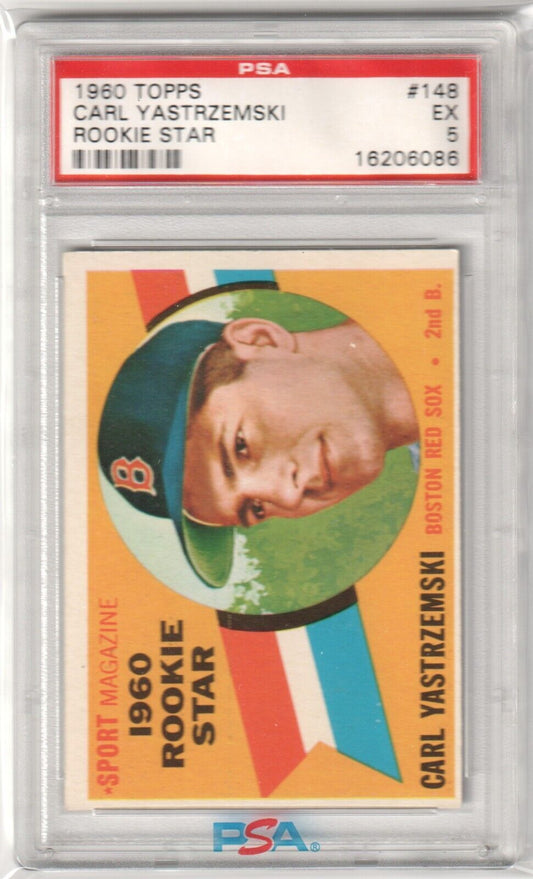 CARL YASTRZEMSKI 1960 Topps Rookie RC #148 PSA 5 EX - RED SOX - Columbia Hobby - Sports Card Boxes - Toploaders - Card Savers
