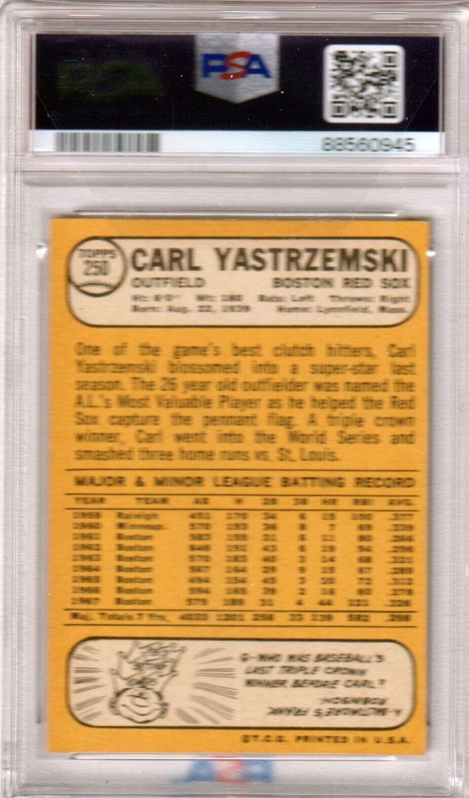 CARL YASTRZEMSKI 1968 Topps #250 PSA 4 VG - EX - RED SOX - Columbia Hobby - Sports Card Boxes - Toploaders - Card Savers