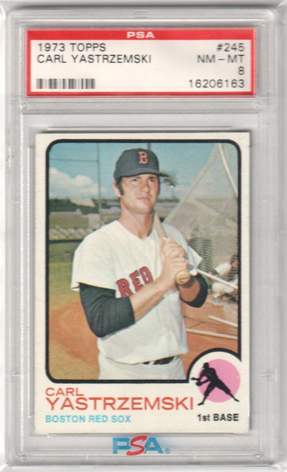 CARL YASTRZEMSKI 1973 Topps #245 PSA 8 NM - MT - RED SOX - Columbia Hobby - Sports Card Boxes - Toploaders - Card Savers