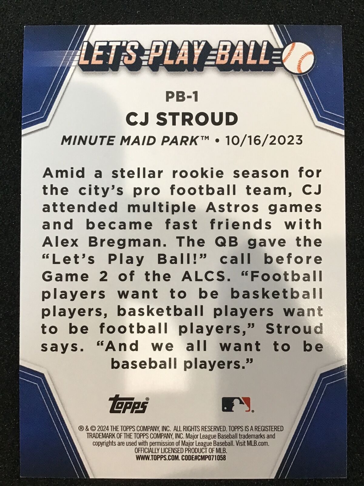 CJ Stroud 2024 Topps Blue Lets Play Ball PB - 1 SP Astros - Columbia Hobby - Sports Card Boxes - Toploaders - Card Savers