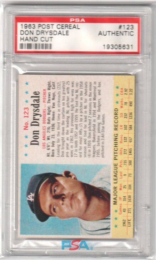 DON DRYSDALE 1963 Post Cereal #123 PSA Authentic - DODGERS - Columbia Hobby - Sports Card Boxes - Toploaders - Card Savers