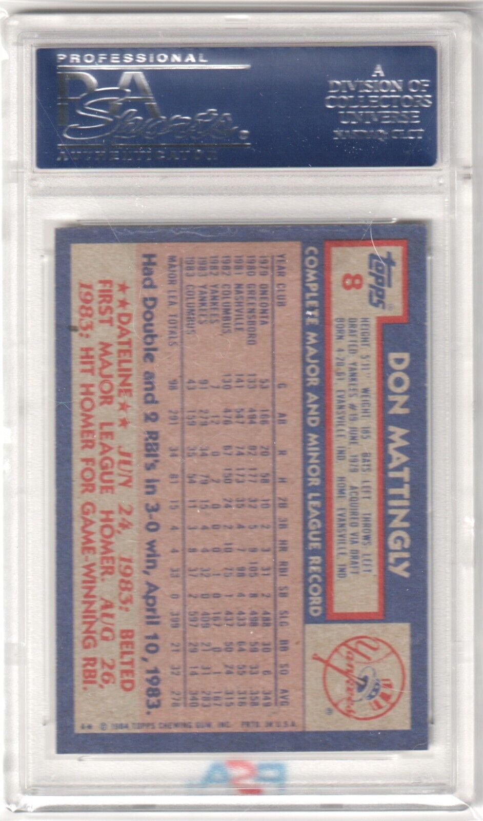 DON MATTINGLY 1984 Topps RC Rookie #8 PSA 9 MINT - YANKEES - Columbia Hobby - Sports Card Boxes - Toploaders - Card Savers