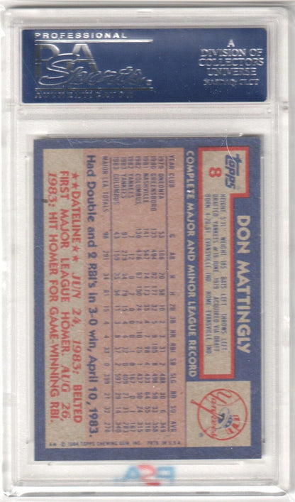 DON MATTINGLY 1984 Topps RC Rookie #8 PSA 9 MINT - YANKEES - Columbia Hobby - Sports Card Boxes - Toploaders - Card Savers
