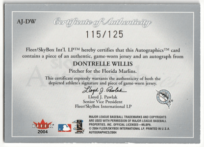 DONTRELLE WILLIS 2004 Skybox Autographix Autograph Auto Jersey #/125 - MARLINS - Columbia Hobby - Sports Card Boxes - Toploaders - Card Savers