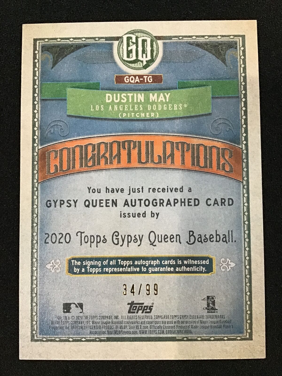 Dustin May 2020 Topps Gypsy Queen RC Auto /99 GQA - TG SP Dodgers - Columbia Hobby - Sports Card Boxes - Toploaders - Card Savers