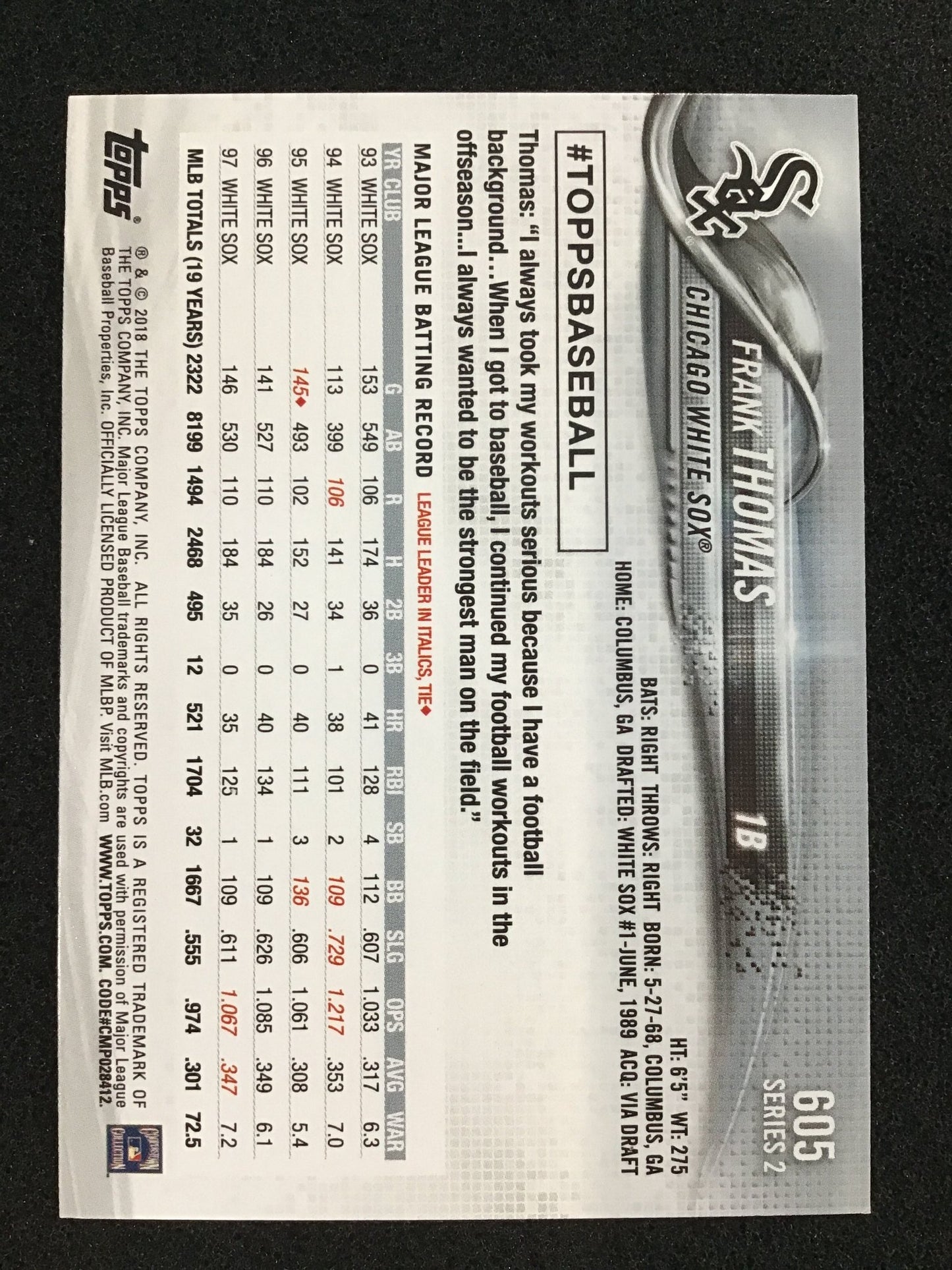 Frank Thomas 2018 Topps Series 2 Image Variation SP Chicago White Sox - Columbia Hobby - Sports Card Boxes - Toploaders - Card Savers