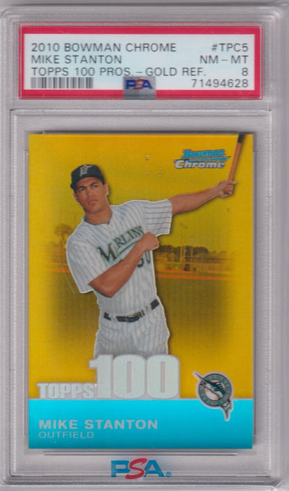 GIANCARLO MIKE STANTON 2010 Bowman Chrome Gold Refractor #TPC5 PSA 8 NM - MT #/50 - Columbia Hobby - Sports Card Boxes - Toploaders - Card Savers