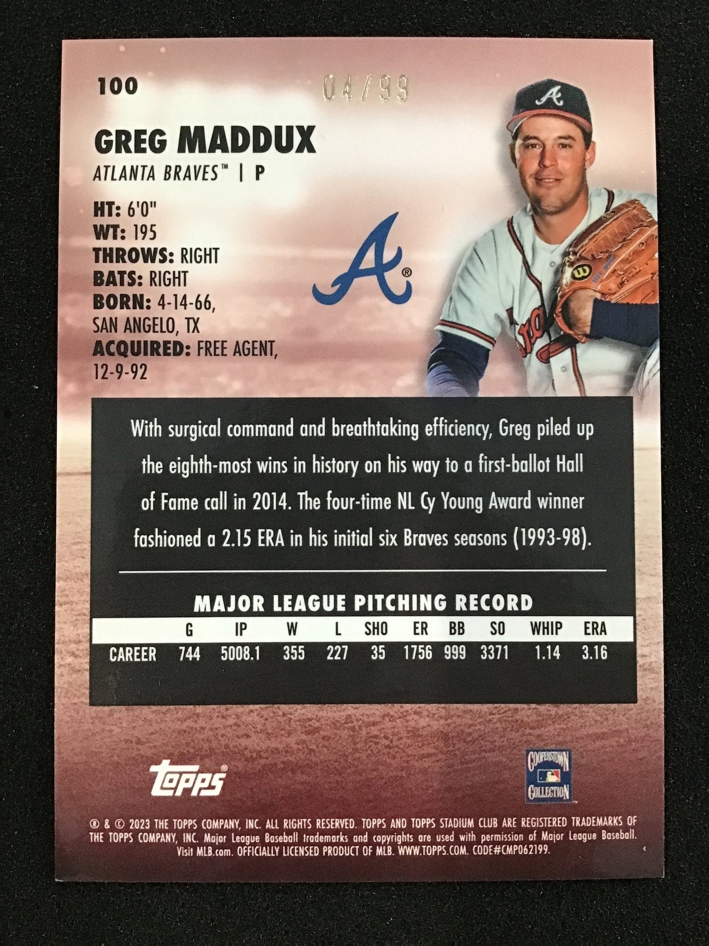 Greg Maddux 2023 Topps Stadium Club Chrome Gold Refractor /99 SP Braves - Columbia Hobby - Sports Card Boxes - Toploaders - Card Savers