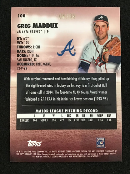 Greg Maddux 2023 Topps Stadium Club Chrome Gold Refractor /99 SP Braves - Columbia Hobby - Sports Card Boxes - Toploaders - Card Savers