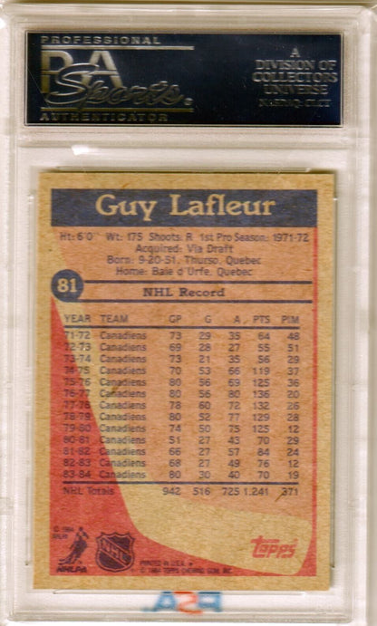 GUY LAFLEUR 1984 Topps #81 PSA 9 MINT - CANADIENS - Columbia Hobby - Sports Card Boxes - Toploaders - Card Savers