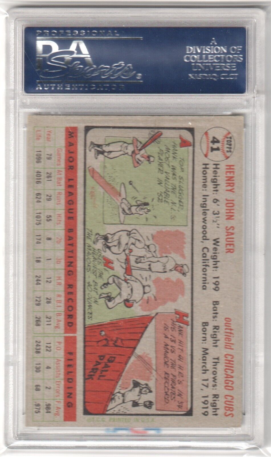 HANK SAUER 1956 Topps Gray Back #41 PSA 6 EX - MT - CUBS - Columbia Hobby - Sports Card Boxes - Toploaders - Card Savers