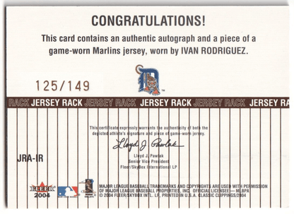 IVAN PUDGE RODRIGUEZ 2004 Fleer Classic Clippings Autograph Auto Jersey #/149 - Columbia Hobby - Sports Card Boxes - Toploaders - Card Savers