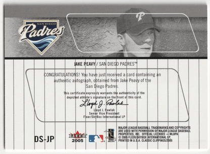 JAKE PEAVY 2005 Fleer Classic Clippings Autograph Auto Blue Foil - PADRES - Columbia Hobby - Sports Card Boxes - Toploaders - Card Savers