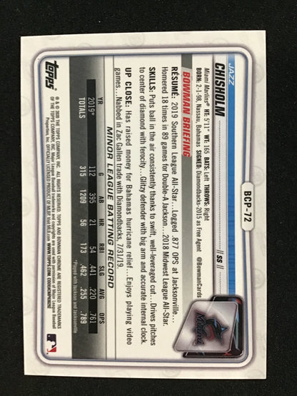Jazz Chisholm 2020 Bowman Chrome Prospects Green Refractor /99 BCP - 72 Marlins - Columbia Hobby - Sports Card Boxes - Toploaders - Card Savers