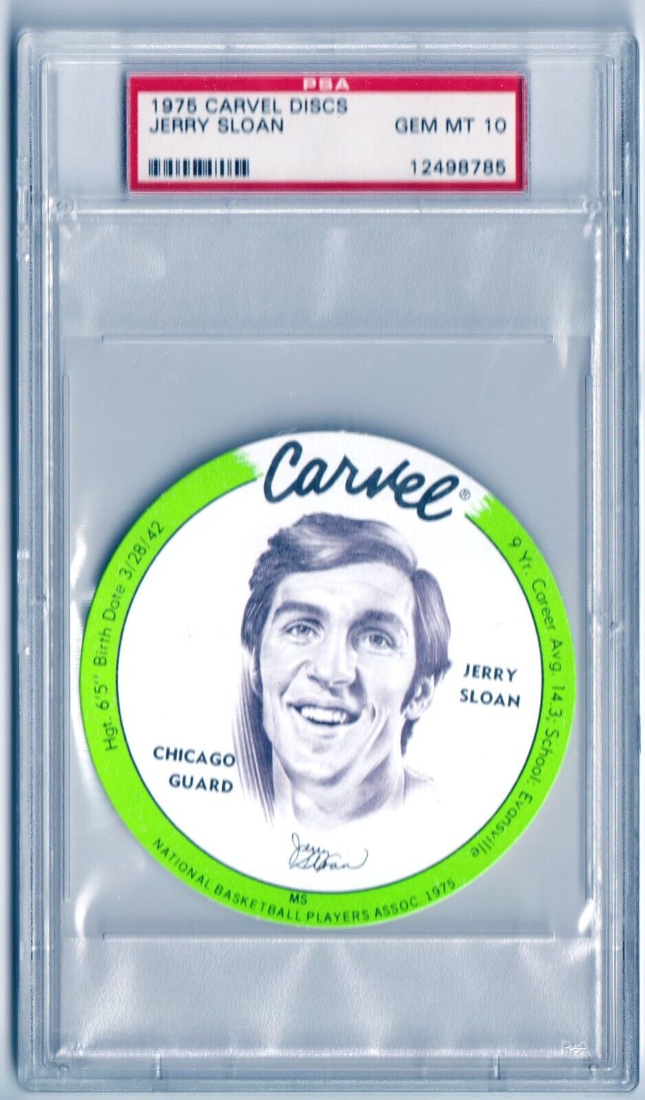 JERRY SLOAN 1975 Carvel Discs PSA 10 GEM MINT - BULLS - Columbia Hobby - Sports Card Boxes - Toploaders - Card Savers