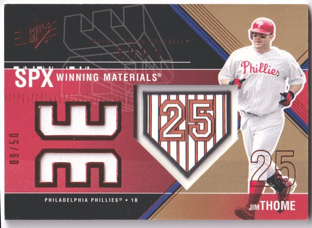 JIM THOME 2003 Upper Deck SPx Winning Materials Game Jersey Red #/50 PHILLIES - Columbia Hobby - Sports Card Boxes - Toploaders - Card Savers