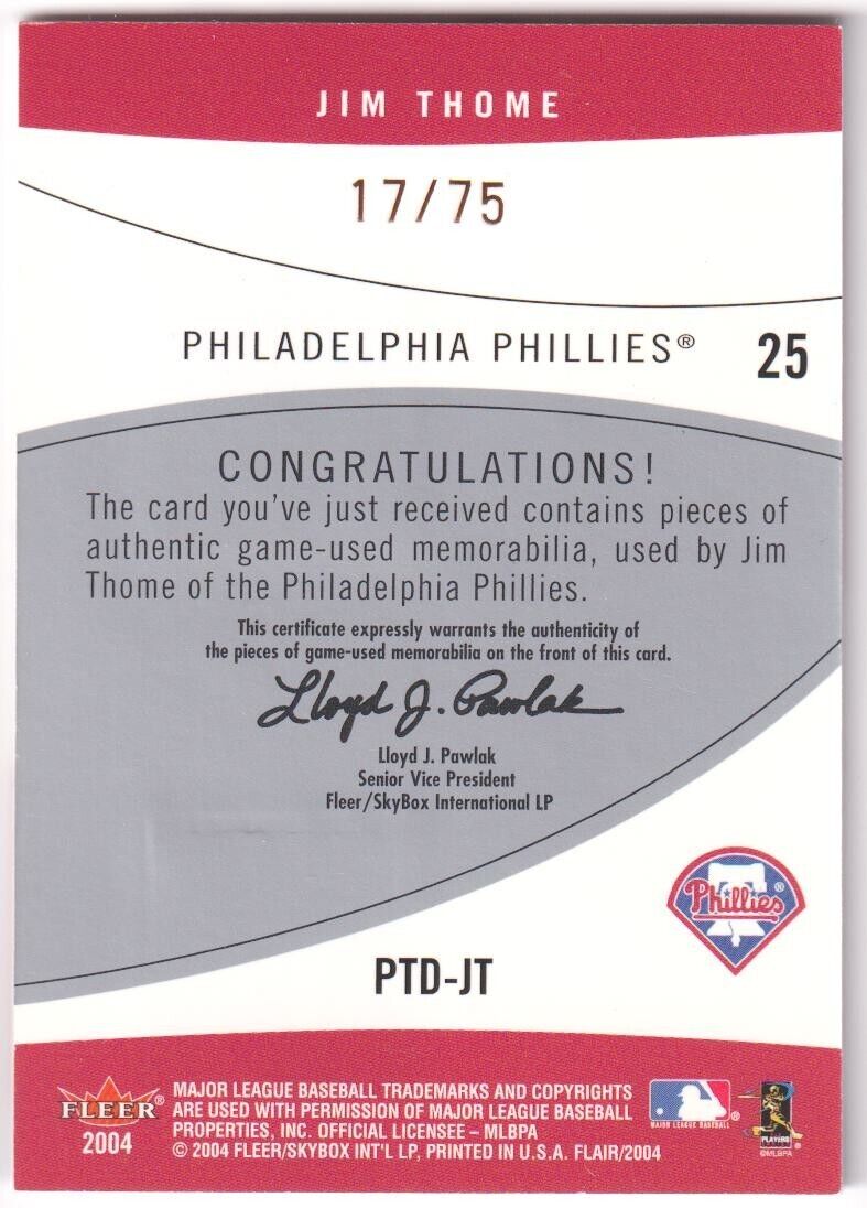 JIM THOME 2004 Fleer Flair Power Tools Dual Game Used Jersey Bat #/75 PHILLIES - Columbia Hobby - Sports Card Boxes - Toploaders - Card Savers