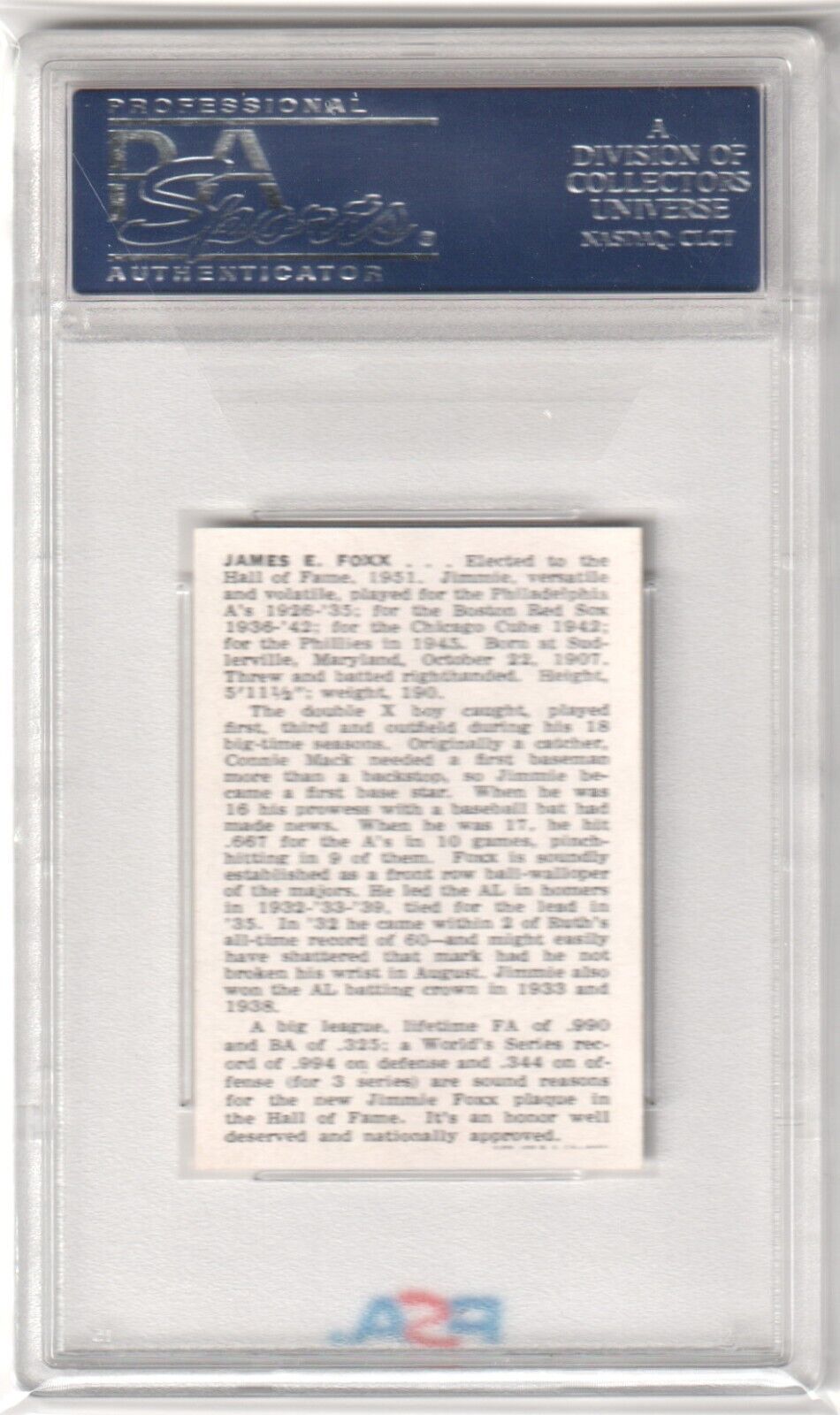 JIMMIE FOXX 1950 Callahan HOF PSA 7 NM - PHILADELPHIA A'S - Columbia Hobby - Sports Card Boxes - Toploaders - Card Savers