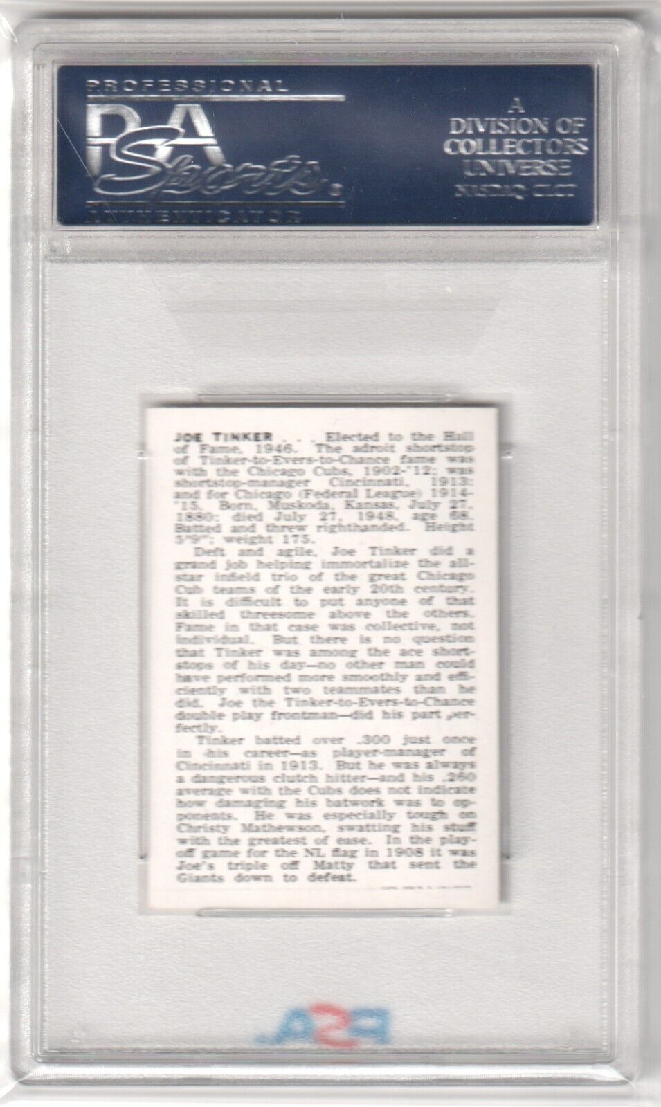 JOE TINKER 1950 Callahan HOF PSA 8 NM - MT - CUBS - Columbia Hobby - Sports Card Boxes - Toploaders - Card Savers
