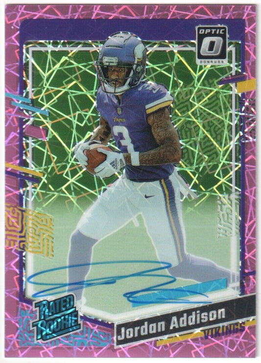 JORDAN ADDISON 2023 Donruss Optic RC Rookie Autograph Auto Pink Velocity #/50 - Columbia Hobby - Sports Card Boxes - Toploaders - Card Savers