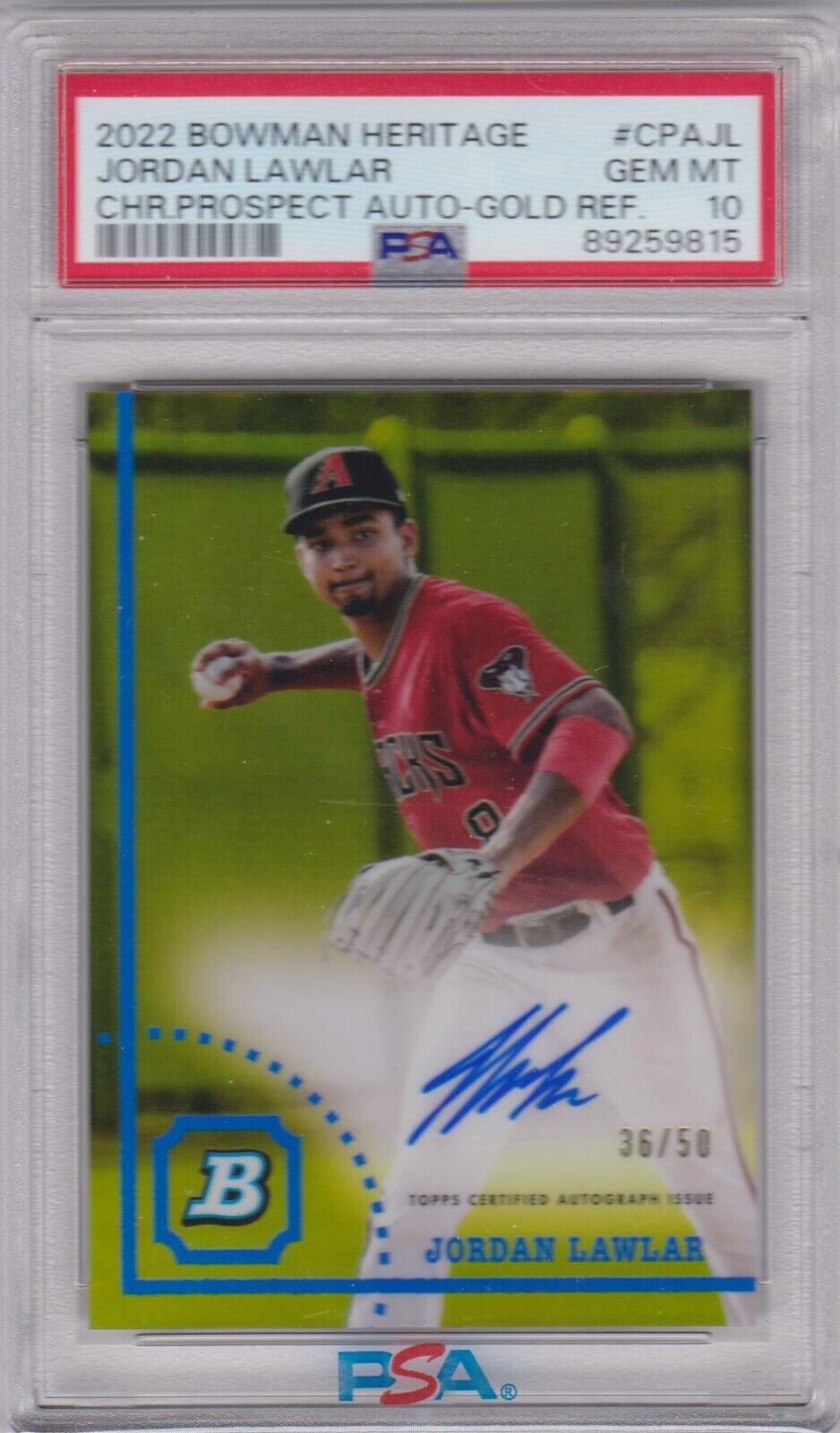 JORDAN LAWLAR 2022 Bowman Heritage Gold Autograph Refractor Auto #/50 PSA 10 GEM - Columbia Hobby - Sports Card Boxes - Toploaders - Card Savers