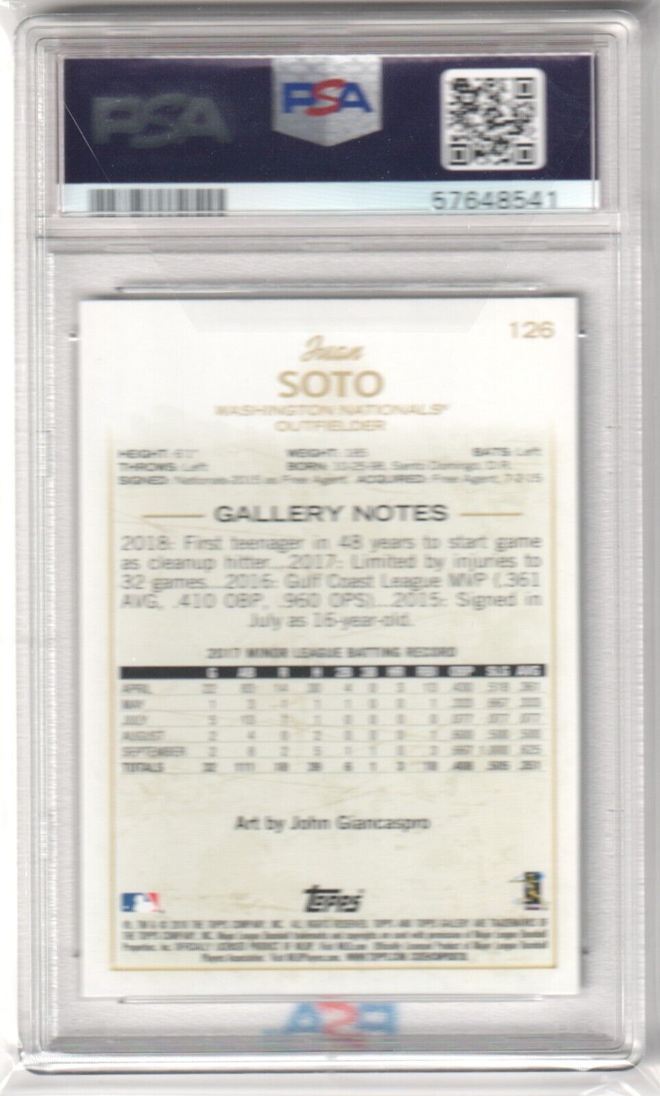 JUAN SOTO 2018 Topps Gallery RC Rookie #126 PSA 9 MINT - NATIONALS YANKEES - Columbia Hobby - Sports Card Boxes - Toploaders - Card Savers
