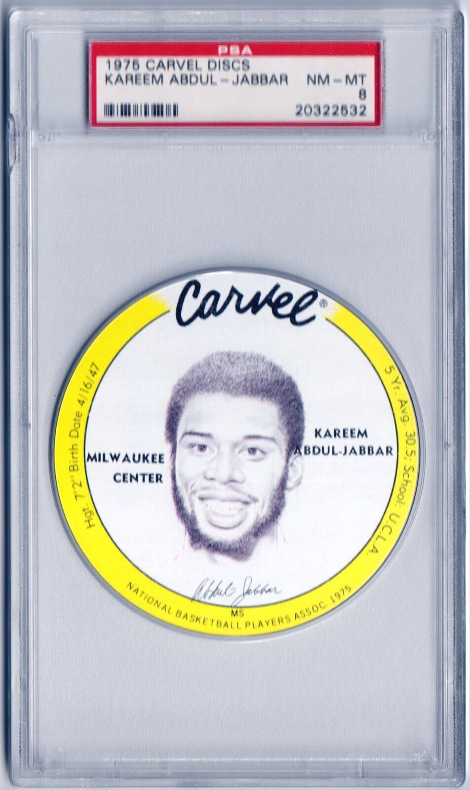 KAREEM ABDUL - JABBAR 1975 Carvel Discs Yellow Variation PSA 8 NM - MT - LAKERS - Columbia Hobby - Sports Card Boxes - Toploaders - Card Savers