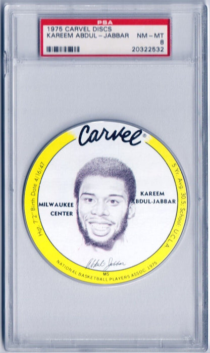 KAREEM ABDUL - JABBAR 1975 Carvel Discs Yellow Variation PSA 8 NM - MT - LAKERS - Columbia Hobby - Sports Card Boxes - Toploaders - Card Savers