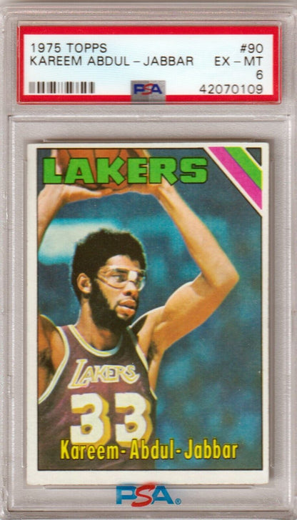 KAREEM ABDUL - JABBAR 1975 Topps #90 PSA 6 EX - MT - LAKERS - Columbia Hobby - Sports Card Boxes - Toploaders - Card Savers